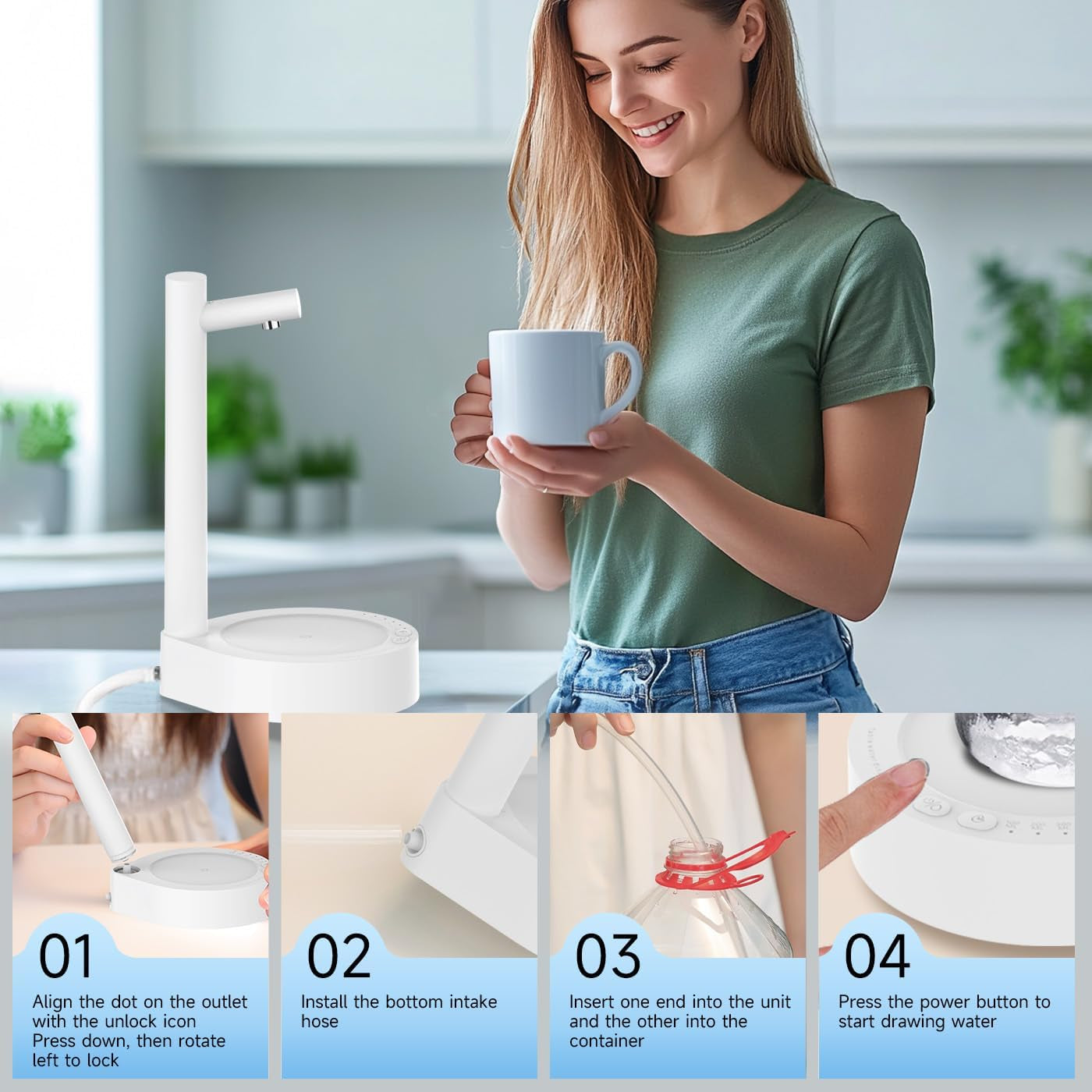 Desktop Water Dispenser for 5 Gallon Bottle, Desktop Portable Countertop Electric Water Pump with Fast USB-C Charging for Home, Office, Desk, Bedside & Outdoor Use (Cool White)