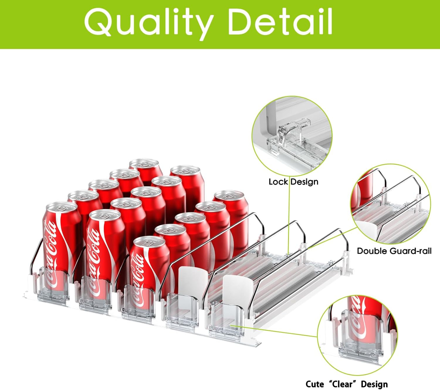 Drink Organizer for Fridge,Self Pushing Fridge Drink Organizer,Automatic Drink Dispenser for Fridge-Holds up to 15 Cans, 14.96Inch, White