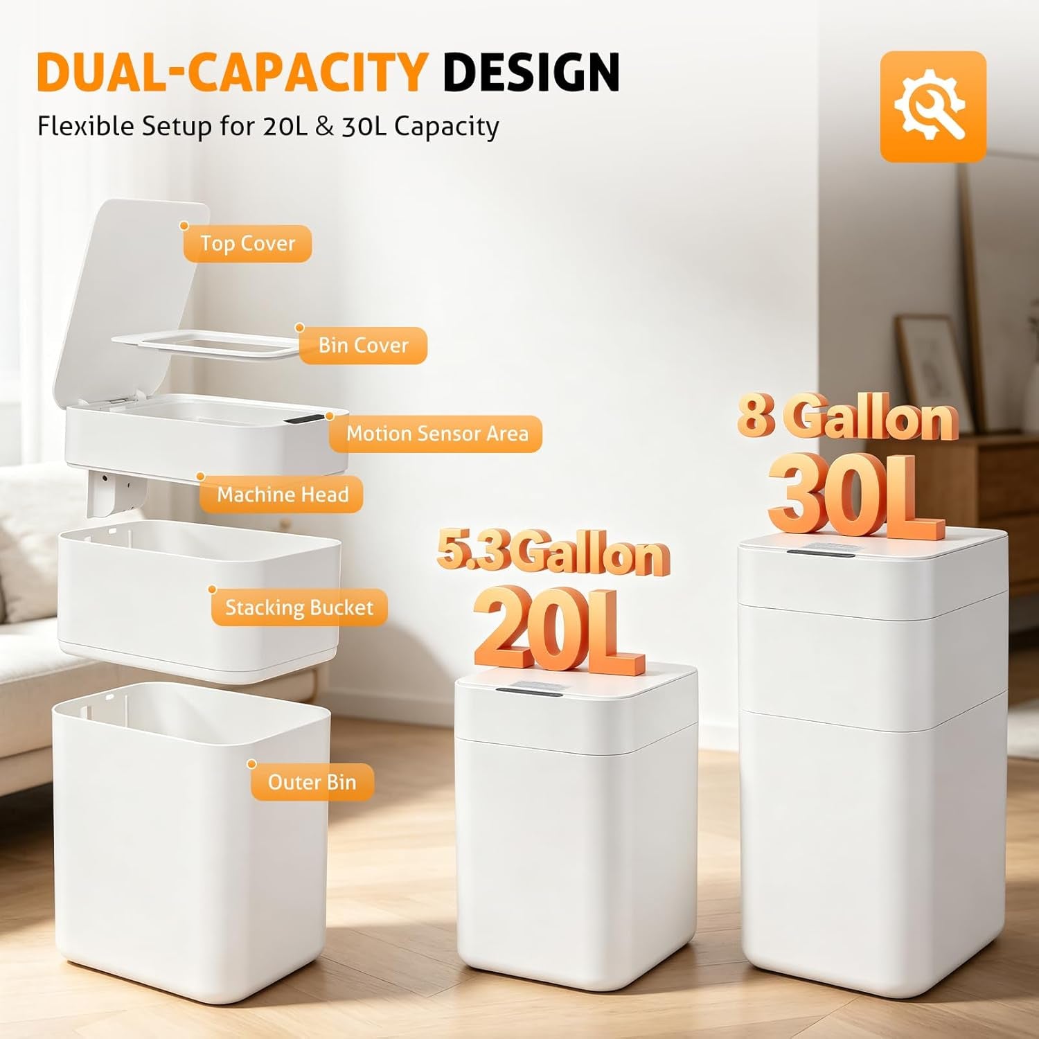 Automatic Trash Can, 8 Gallon Motion Sensor Smart Self Sealing Trash Can, Touchless Garbage Can with Lid for Bathroom Kitchen Office Restroom with 6 Refill Bag Rings