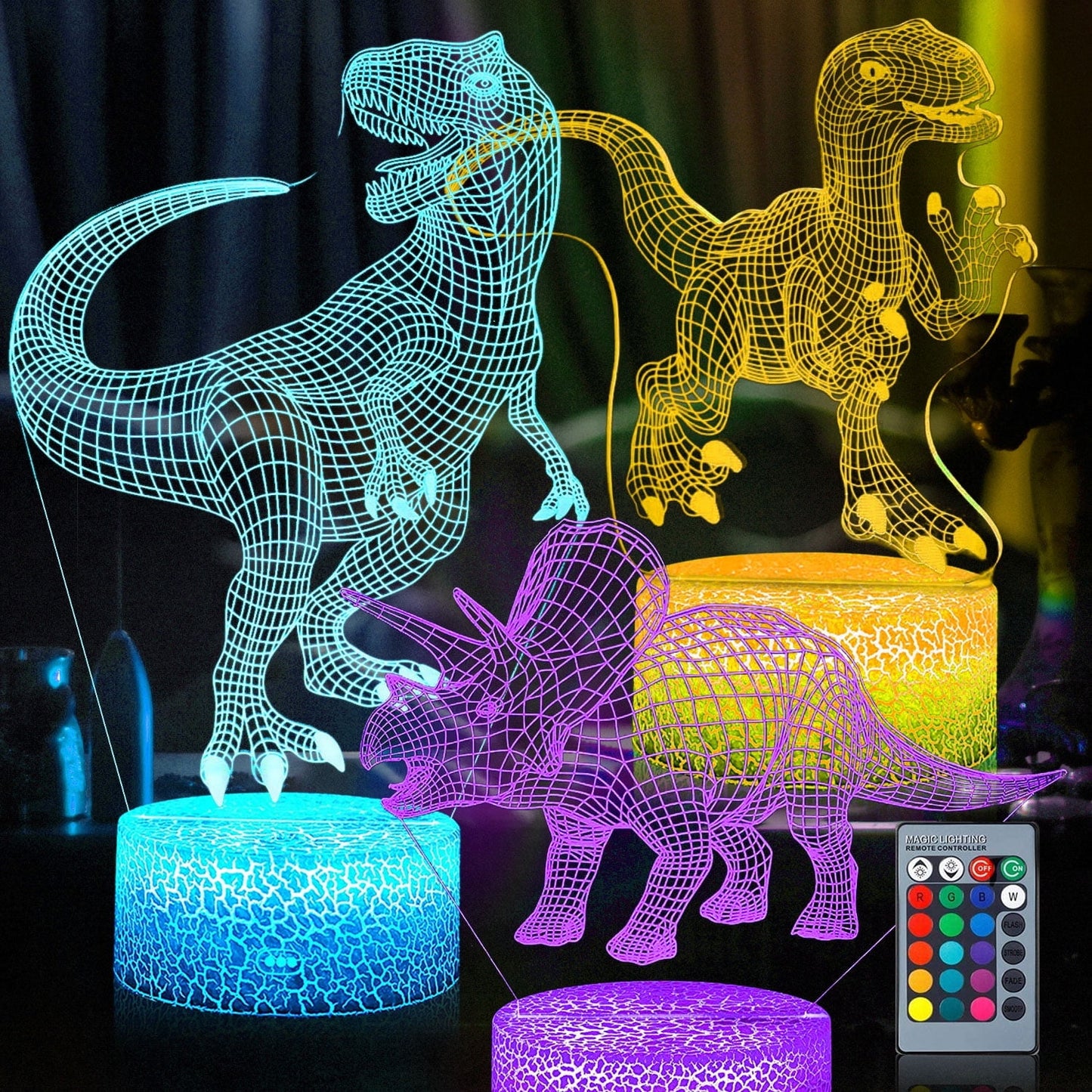 2D Dinosaur Night Light - 7-Color LED Lamp W/ Remote, Kids Room Decor