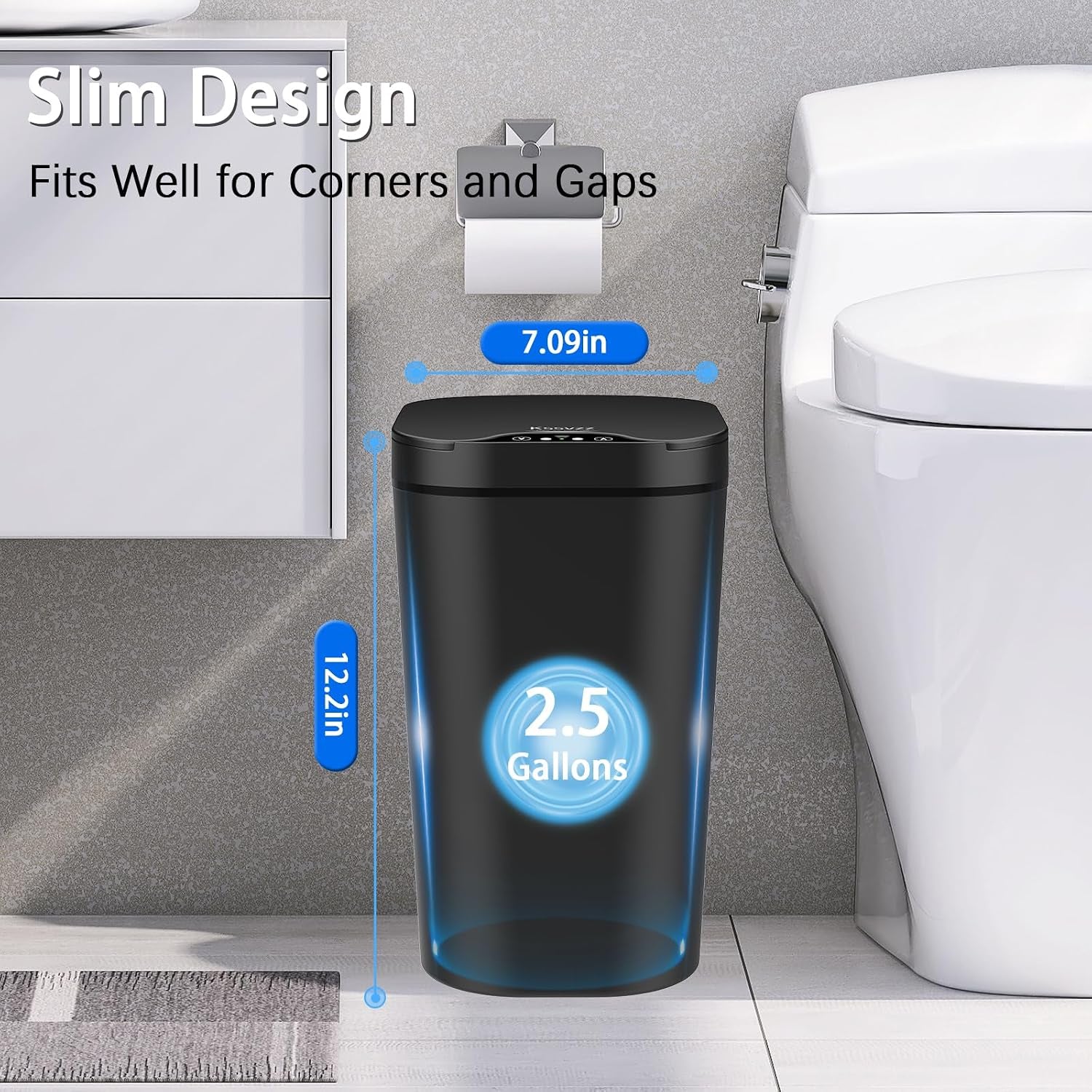 2 Pack Automatic Small Bathroom Trash Can with Lid - 2.5 Gallon Touchless Electric Garbage Can, Motion Sensor Smart Trash Bin, Slim Plastic Trashcan, Waterproof Wastebasket for Bedroom Office (Black)
