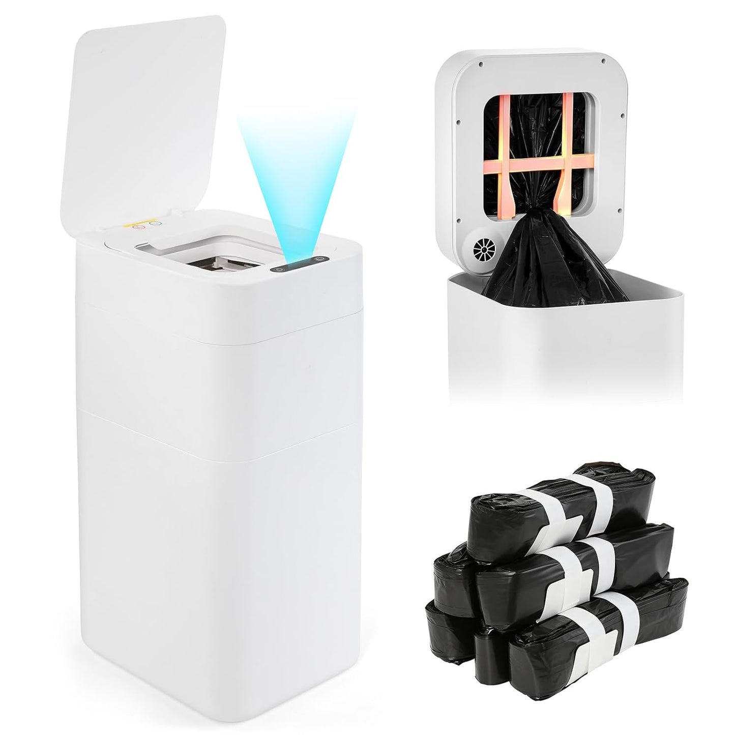 Automatic Trash Can, 8 Gallon Motion Sensor Smart Self Sealing Trash Can, Touchless Garbage Can with Lid for Bathroom Kitchen Office Restroom with 6 Refill Bag Rings