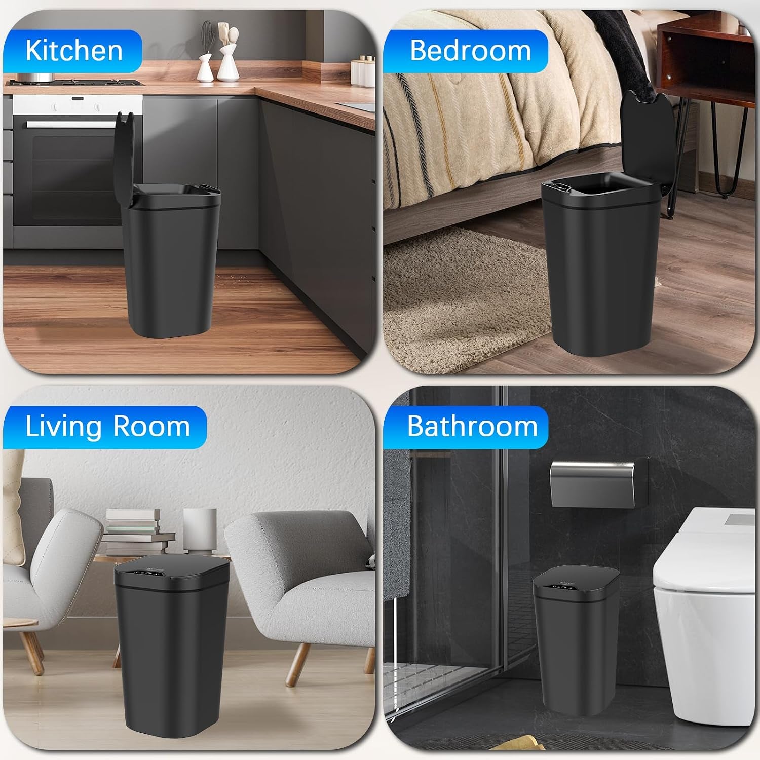 2 Pack Automatic Small Bathroom Trash Can with Lid - 2.5 Gallon Touchless Electric Garbage Can, Motion Sensor Smart Trash Bin, Slim Plastic Trashcan, Waterproof Wastebasket for Bedroom Office (Black)