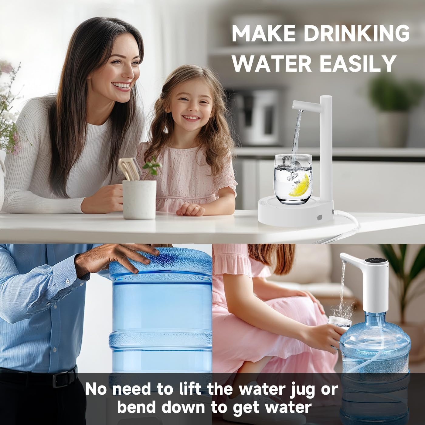 Desktop Water Dispenser for 5 Gallon Bottle, Desktop Portable Countertop Electric Water Pump with Fast USB-C Charging for Home, Office, Desk, Bedside & Outdoor Use (Cool White)