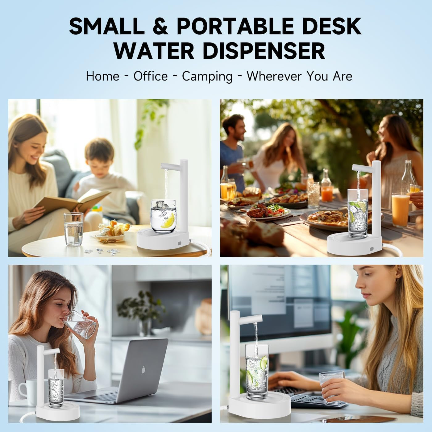 Desktop Water Dispenser for 5 Gallon Bottle, Desktop Portable Countertop Electric Water Pump with Fast USB-C Charging for Home, Office, Desk, Bedside & Outdoor Use (Cool White)