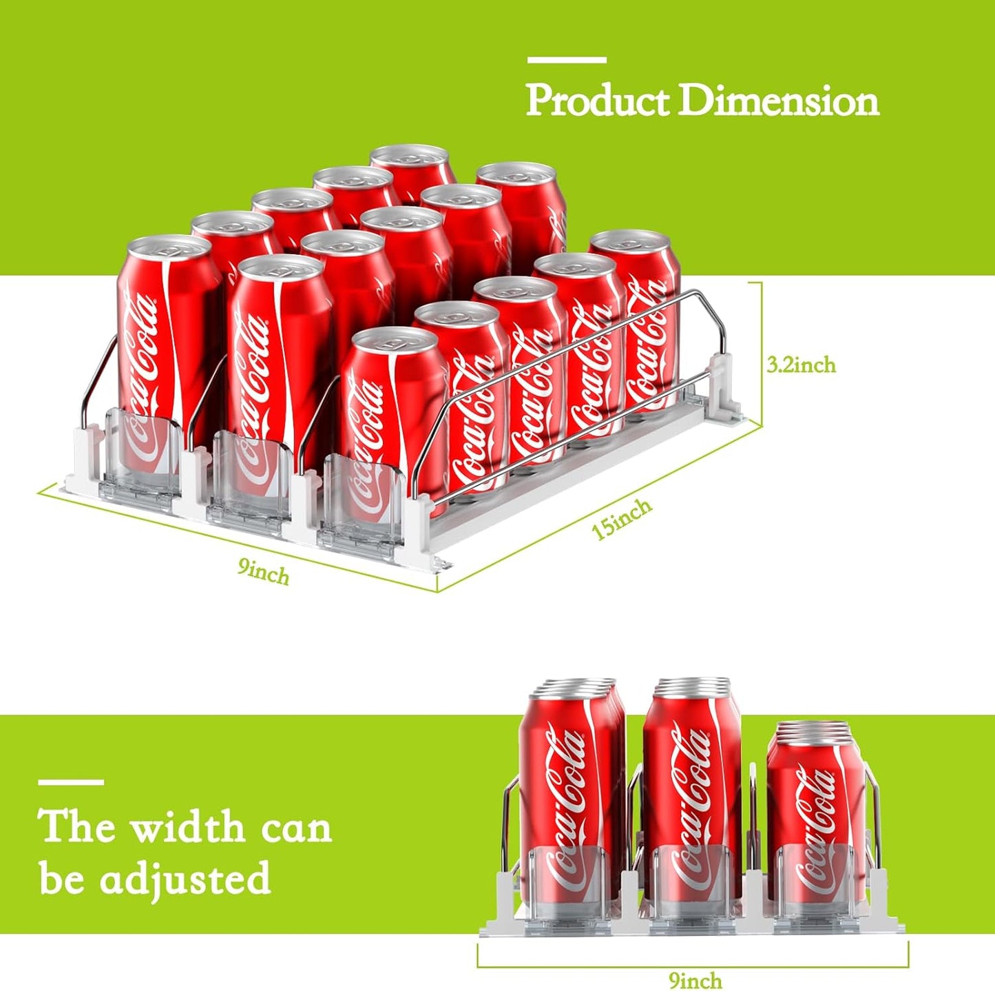 Drink Organizer for Fridge,Self Pushing Fridge Drink Organizer,Automatic Drink Dispenser for Fridge-Holds up to 15 Cans, 14.96Inch, White