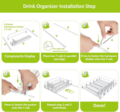 Drink Organizer for Fridge,Self Pushing Fridge Drink Organizer,Automatic Drink Dispenser for Fridge-Holds up to 15 Cans, 14.96Inch, White